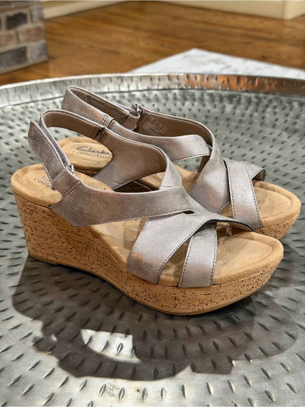 Clarks Silver Cork Wedge Sandals